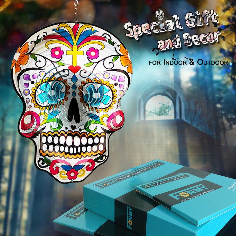 Fonmy Kinetic 3D Metal Garden Wind Spinner Unique Gifts Outdoor Decorations Quality Hanging Ornament for Home and Garden 12inch Mandala Silver Sugar Skull Wind Spinners - Image 3